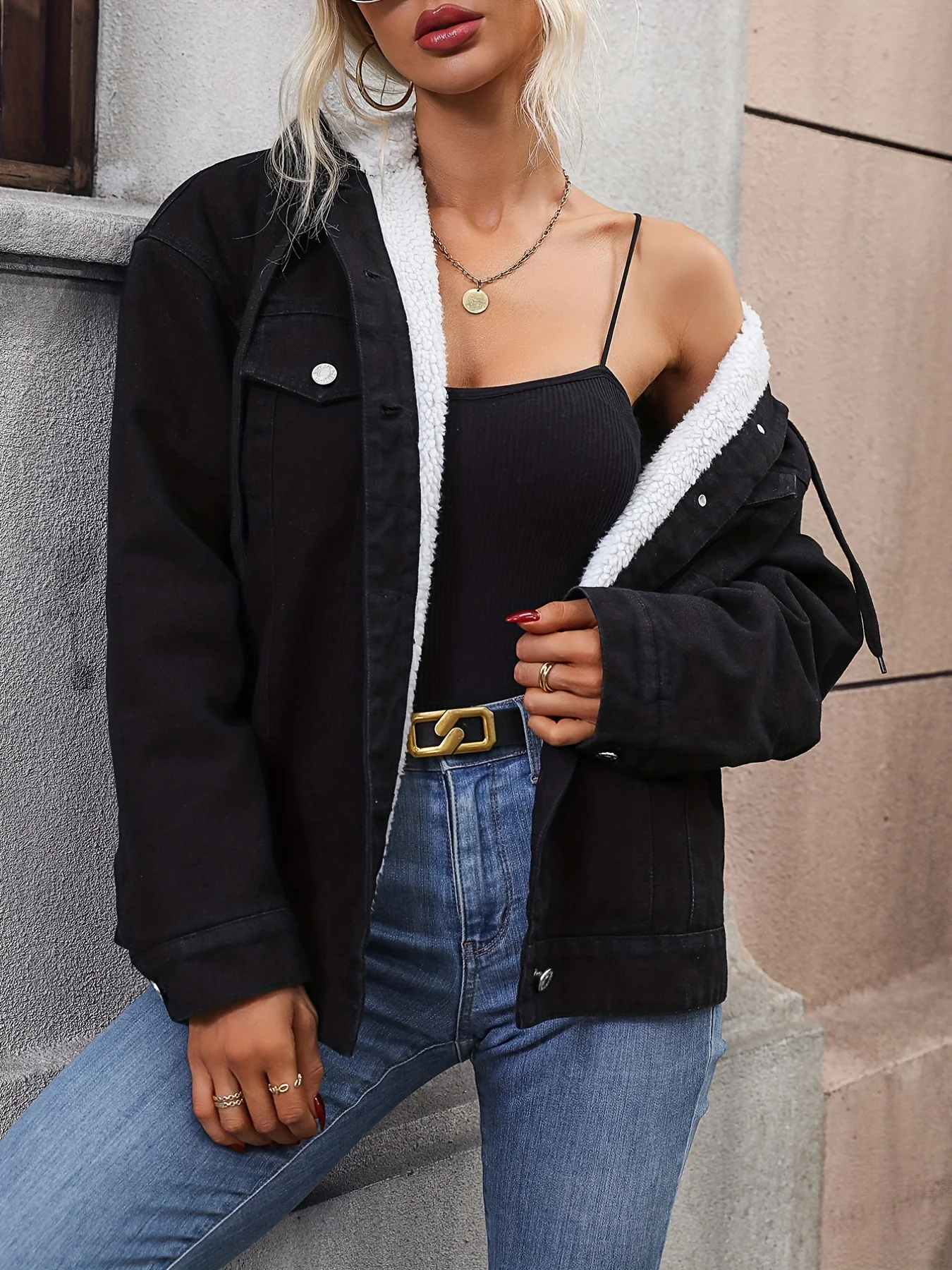 Black Fleece Liner Hooded Denim Coat, Long Sleeves Drawstring Keep Warm Denim Jacket, Women's Denim Clothing - Deanwangkt