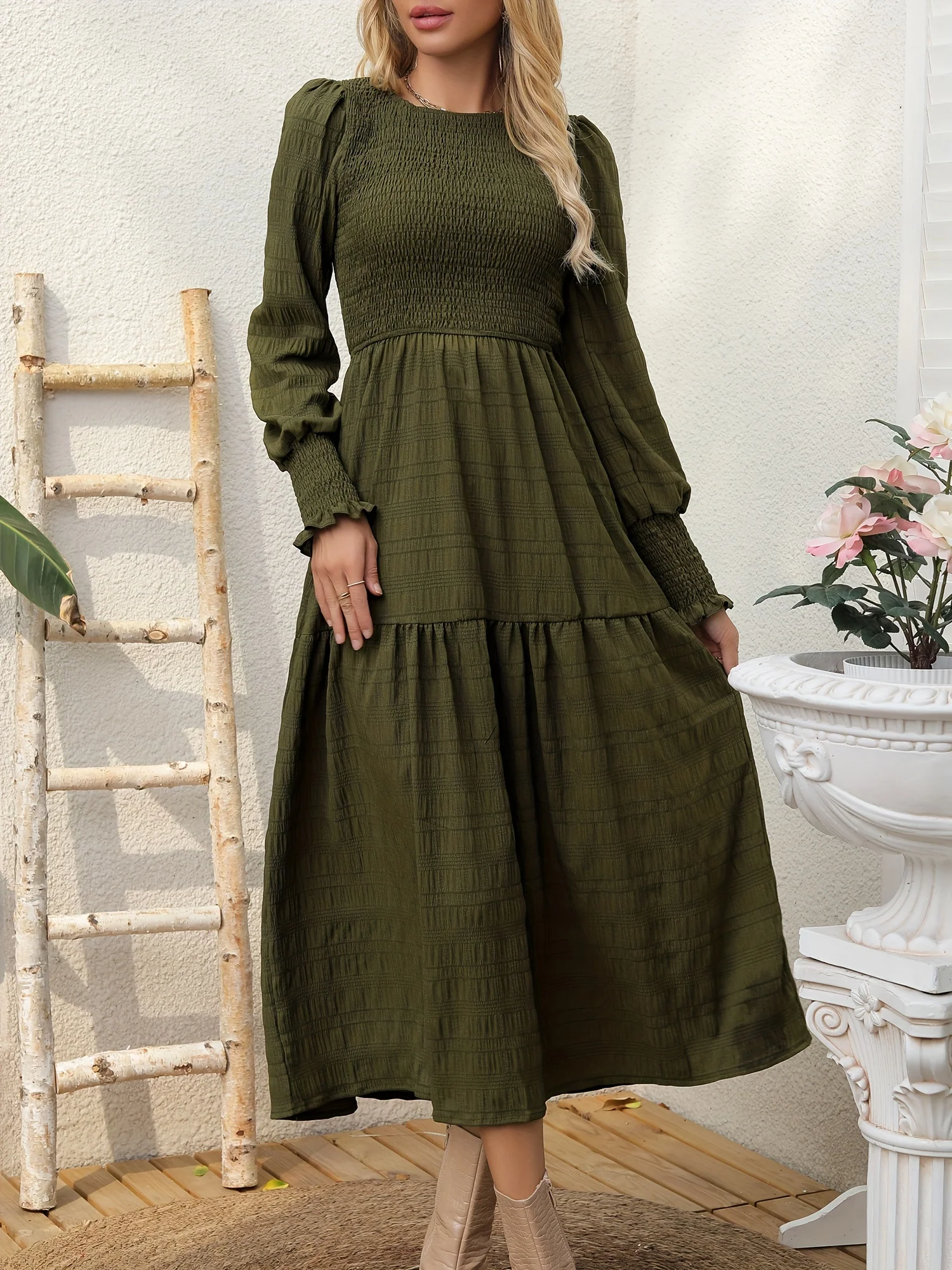 deanwangkt-1 Textured Shirred Dress, Casual Solid Long Sleeve Midi Dress, Women's Clothing - Deanwangkt