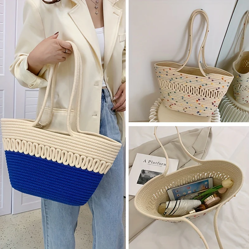 Crochet Large Capacity Durable Shoulder Bag, Vacation Boho Style Beach Handbag, Portable Double Handle Shopping Bag - Deanwangkt