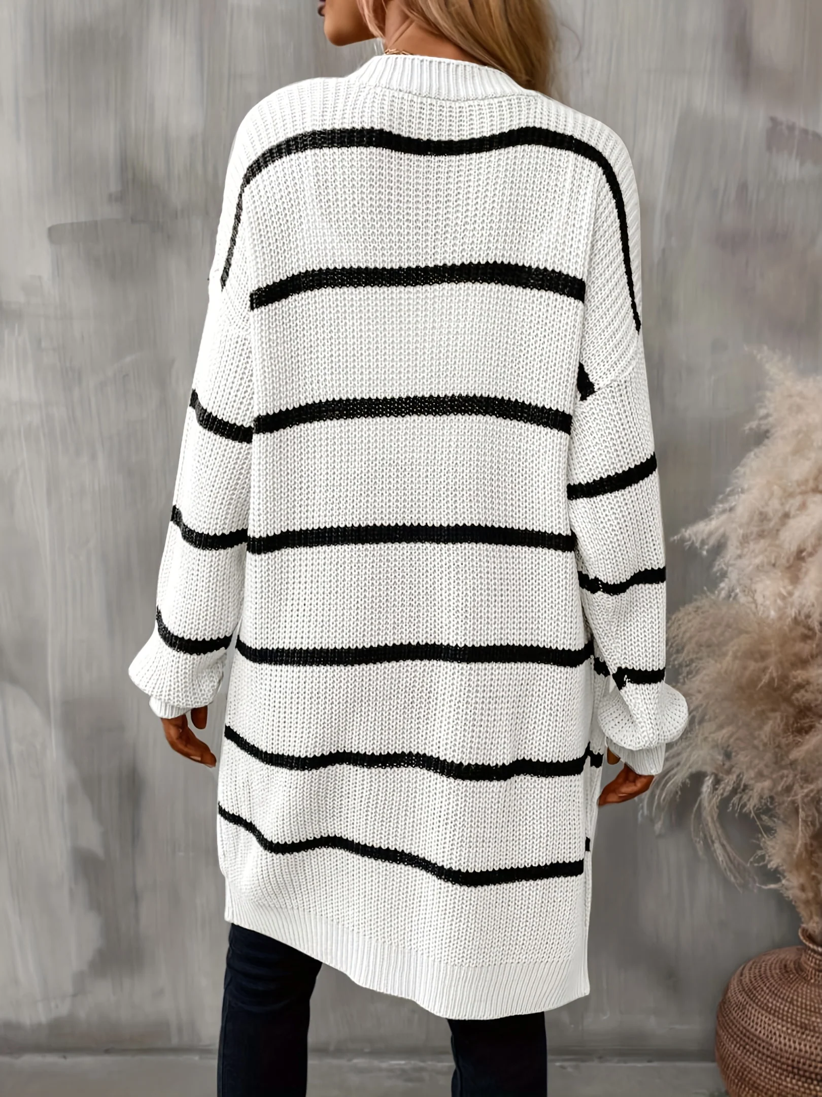 deanwangkt-1 Striped Open Front Drop Shoulder Cardigan, Casual Long Sleeve Cardigan For Fall & Winter, Women's Clothing - Deanwangkt