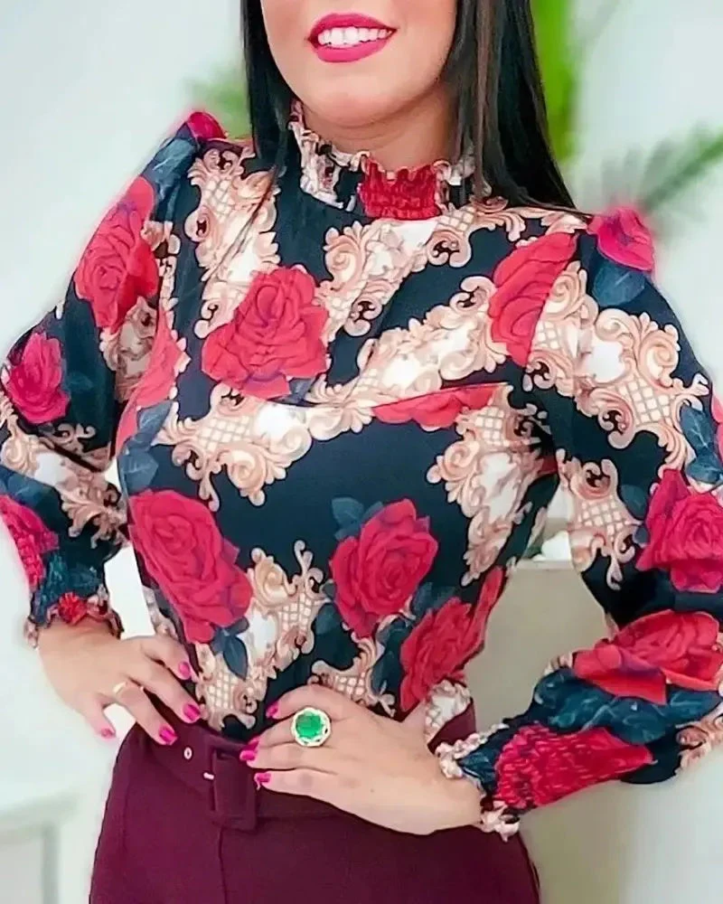 Deanwangkt - Baroque Floral Print Ruched Top With Ruffle Hem - Deanwangkt