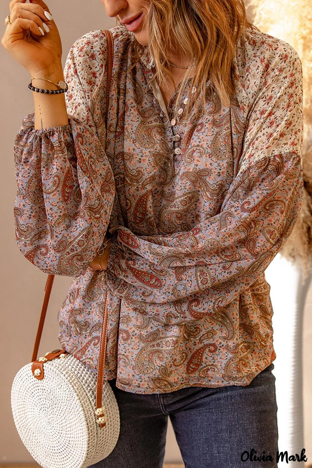 Deanwangkt - Brown Paisley Floral Patch Long Sleeve Blouse - Deanwangkt