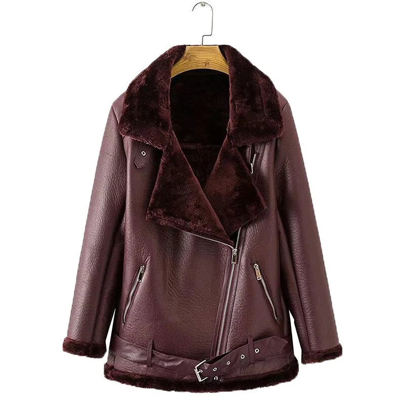 Black Friday Sales New Autumn Winter Women Thick Warm Faux Sheepskin Fur Coat With Belt Moto Biker Zipper Loose Jacket Aviator Casaco - Deanwangkt