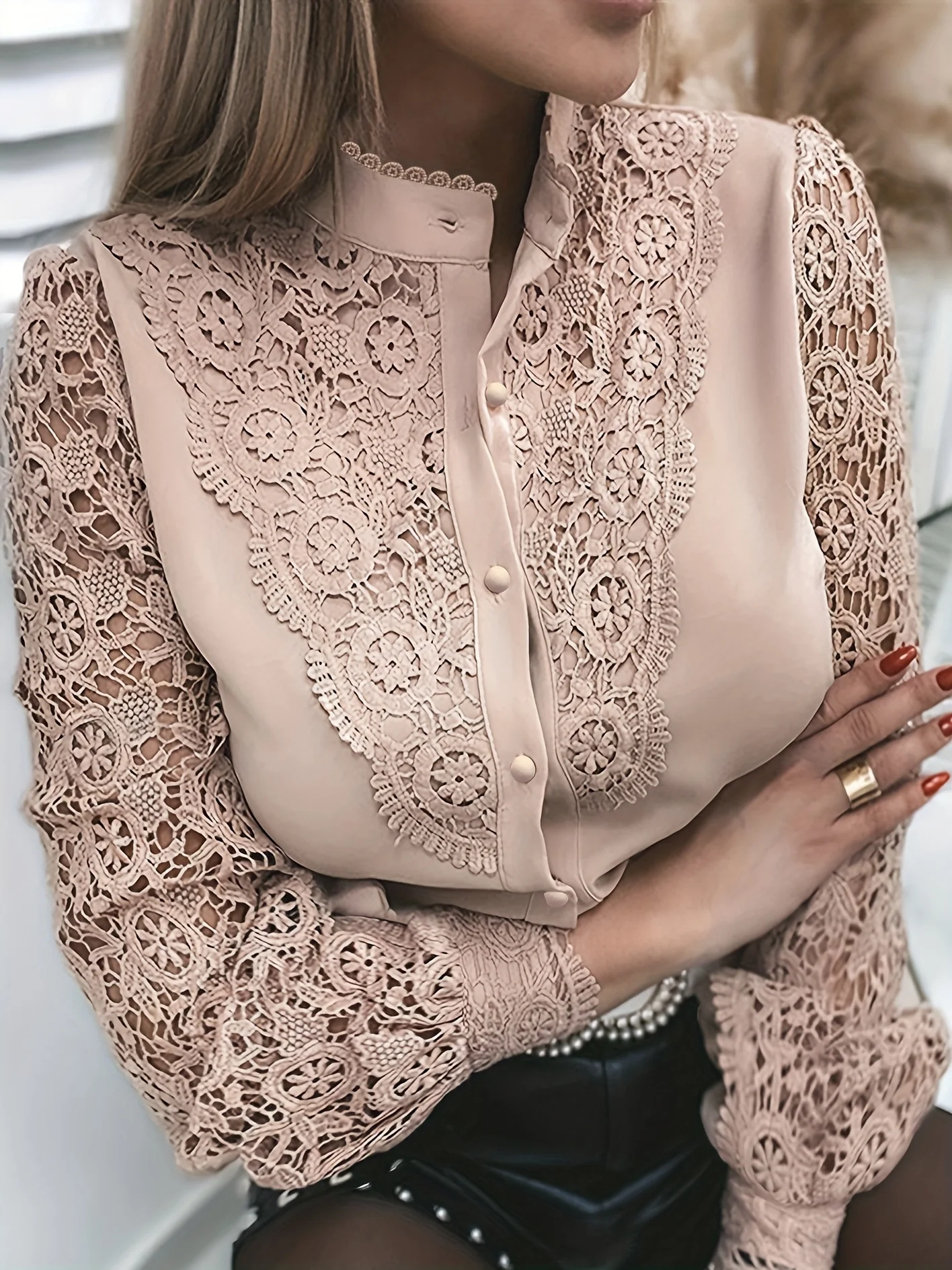 Women's Blouse Lace Crochet Lapel Button Flare Sleeve Elegant Top Blouse - Deanwangkt
