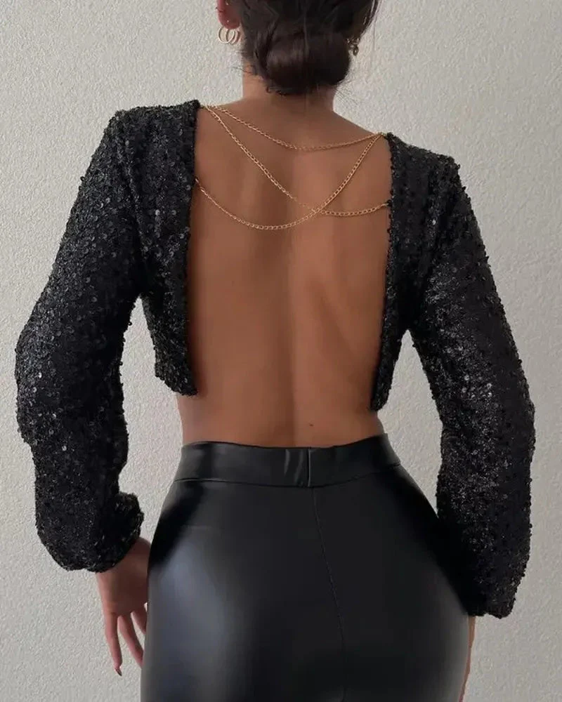 Deanwangkt - Long sleeve sequin top with chain decor - Deanwangkt