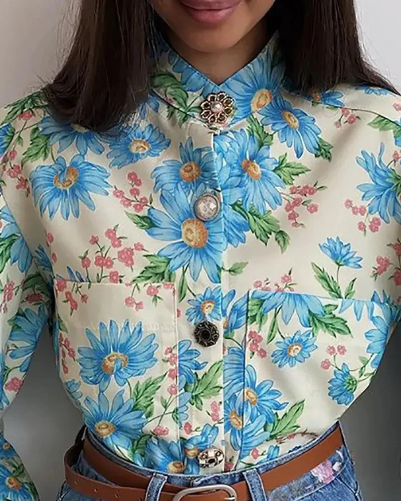 Deanwangkt - Floral Print Lantern Sleeve Button Up Top - Deanwangkt