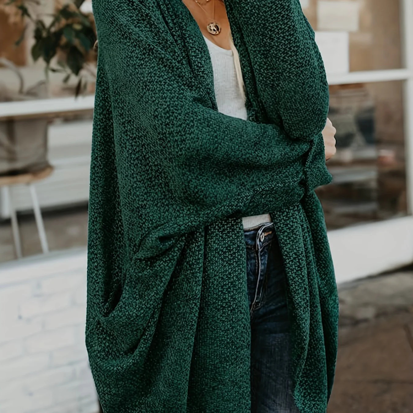 deanwangkt-1  Solid Open Front Knit Cardigan, Casual Batwing Sleeve Mid Length Sweater, Women's Clothing - Deanwangkt