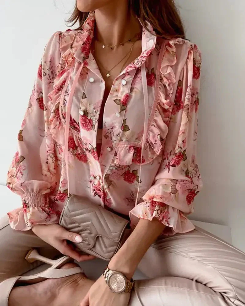 Deanwangkt - Floral Print Ruffle Hem Button Down Shirt - Deanwangkt