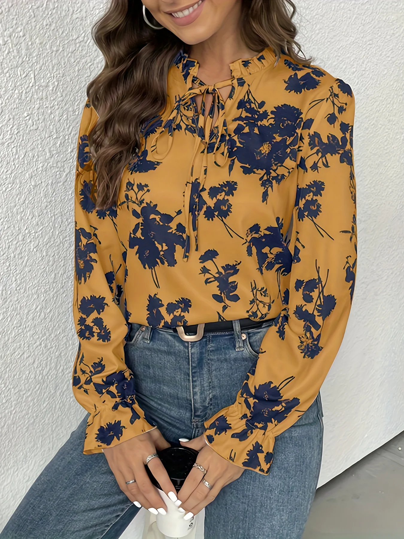 Floral Print Tie Front Blouse, Elegant V Neck Long Sleeve Blouse, Women's Clothing - Deanwangkt