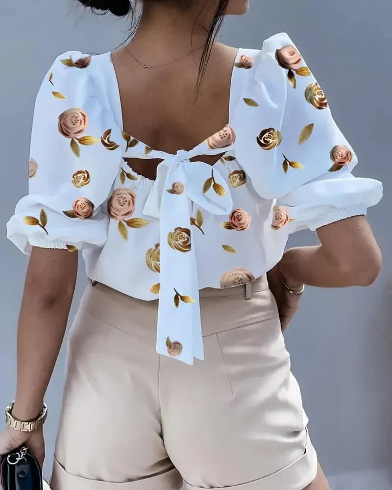 Deanwangkt - Floral Print Puff Sleeve Tie Back Blouse - Deanwangkt