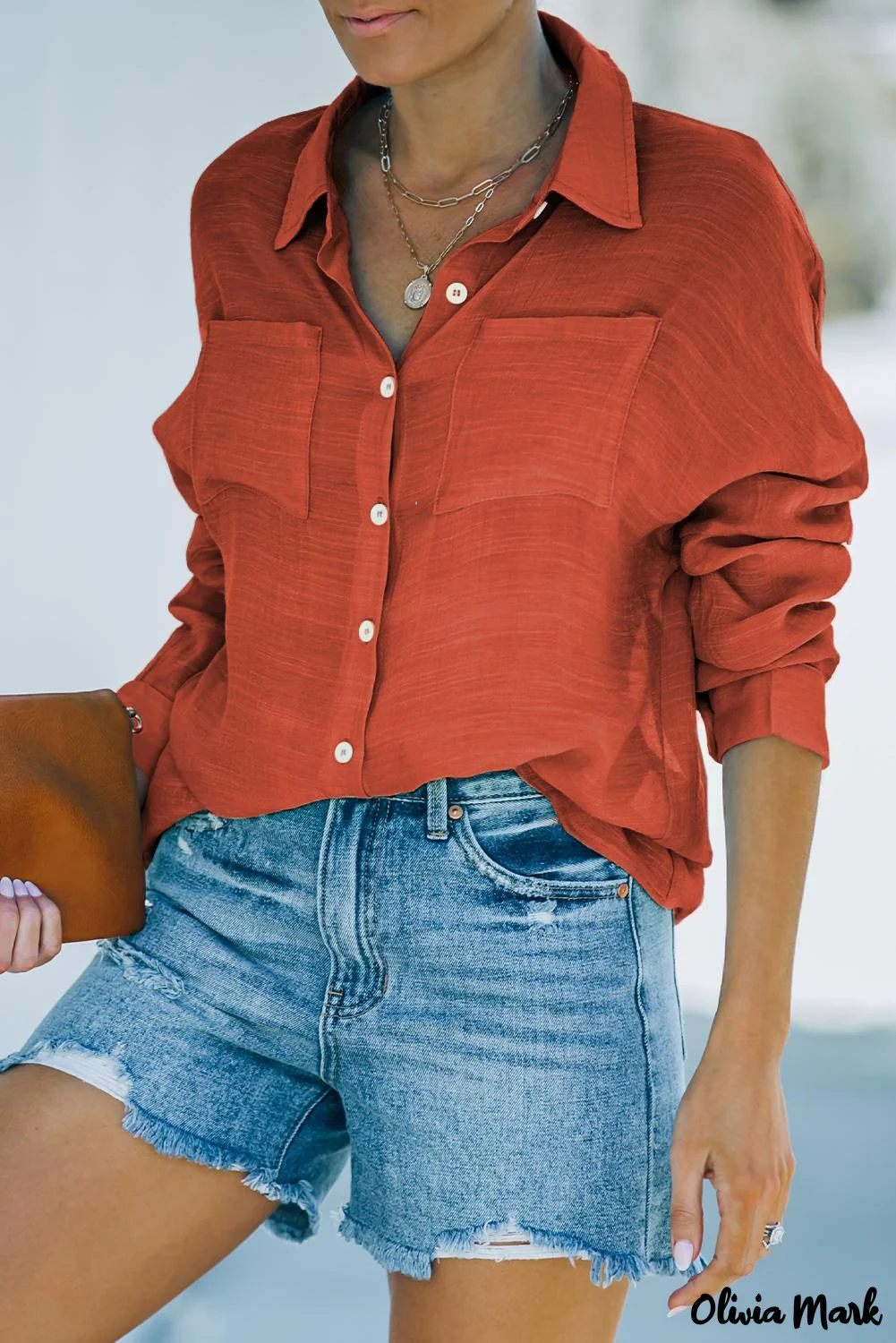 Deanwangkt - Red loose button-up long sleeve shirt with pocket - Deanwangkt