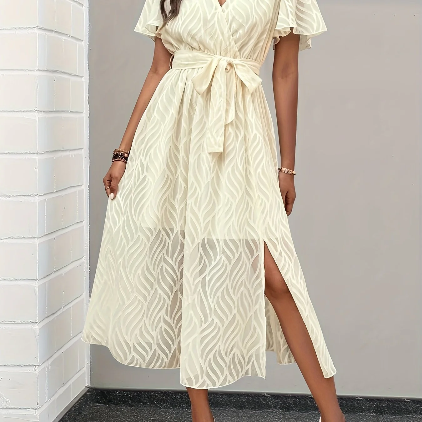 deanwangkt-1  Belted Flutter Sleeve Dress, Casual V-neck Dress For Spring & Summer, Women's Clothing - Deanwangkt