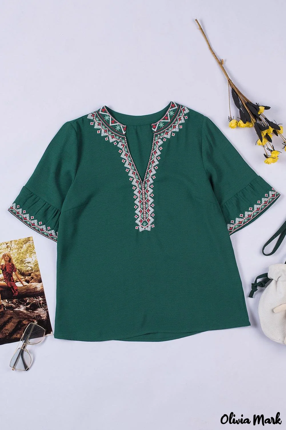 Deanwangkt - Green Bohemian Floral V-Neck Casual Blouse - Deanwangkt