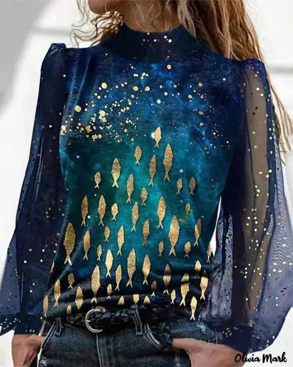 Deanwangkt - Fish Print Contrast Mesh Long Sleeve Top - Deanwangkt