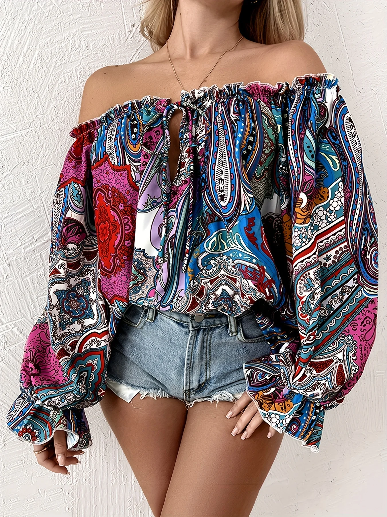 Paisley Print Off Shoulder Blouse, Casual Long Sleeve Blouse For Spring & Fall, Women's Clothing - Deanwangkt