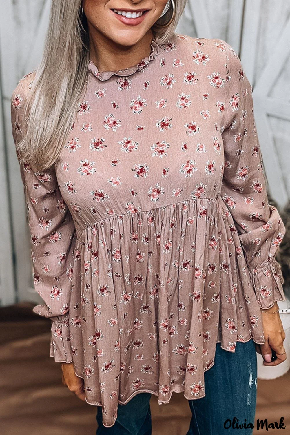 Deanwangkt - Pink floral print babydoll blouse with ruffled collar - Deanwangkt