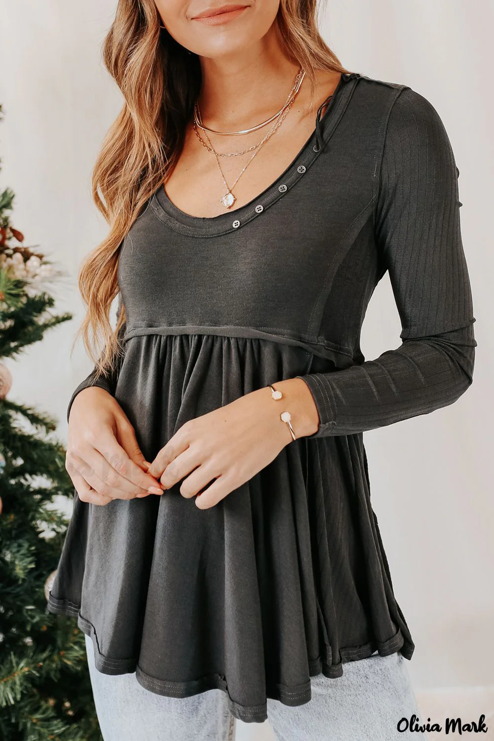 Deanwangkt - Black Babydoll Blouse with Long Sleeves and Solid Color Buttons - Deanwangkt