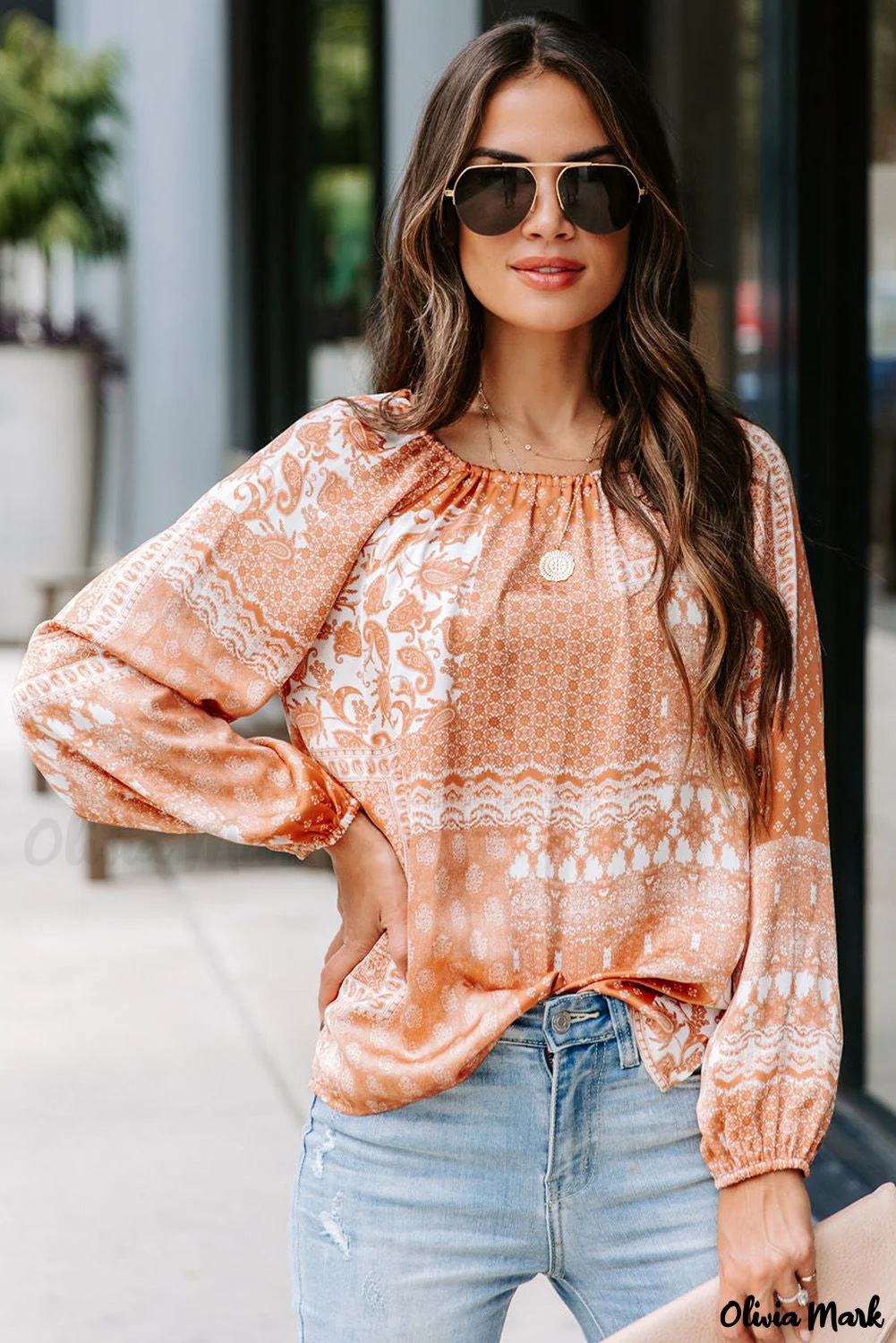 Deanwangkt - Orange round neck bohemian print blouse with drawstring - Deanwangkt