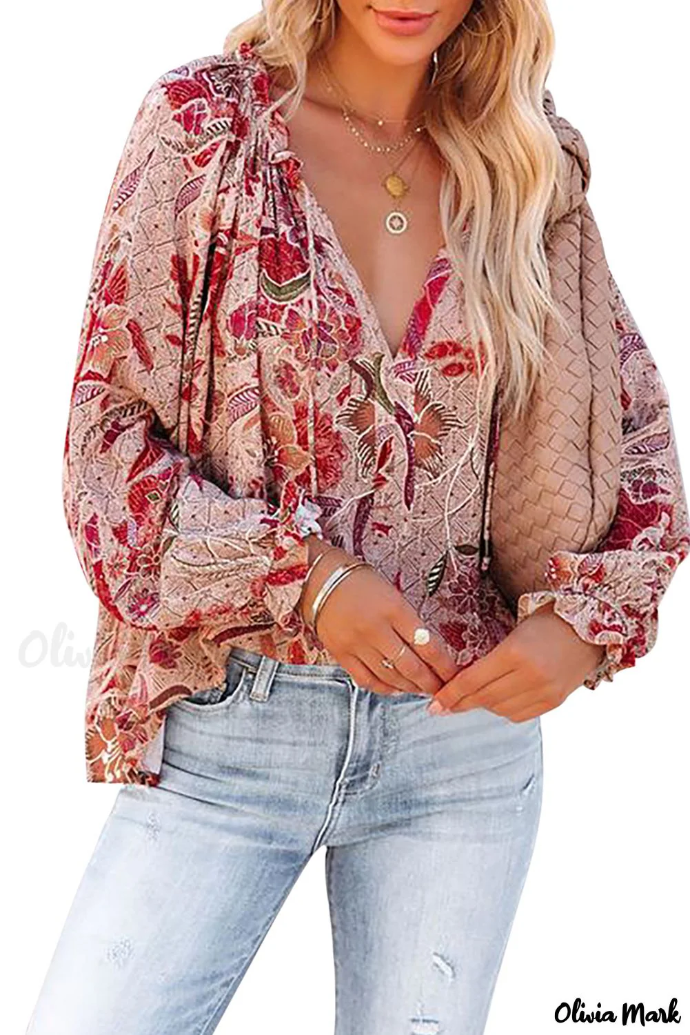 Deanwangkt - Pink Printed Split V-Neck Blouse - Deanwangkt