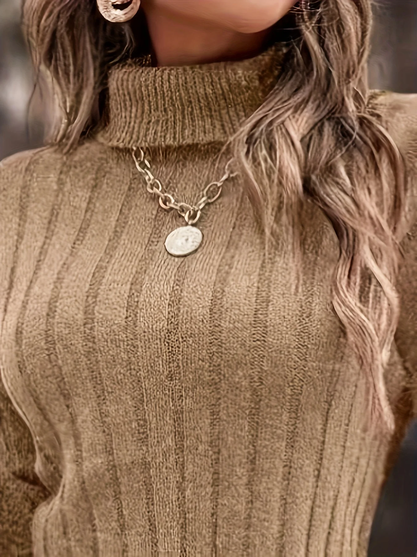 deanwangkt-1  Solid Mid Length Ribbed Knitted Sweater, Elegant Turtleneck Long Sleeve Sweater, Women's Clothing - Deanwangkt