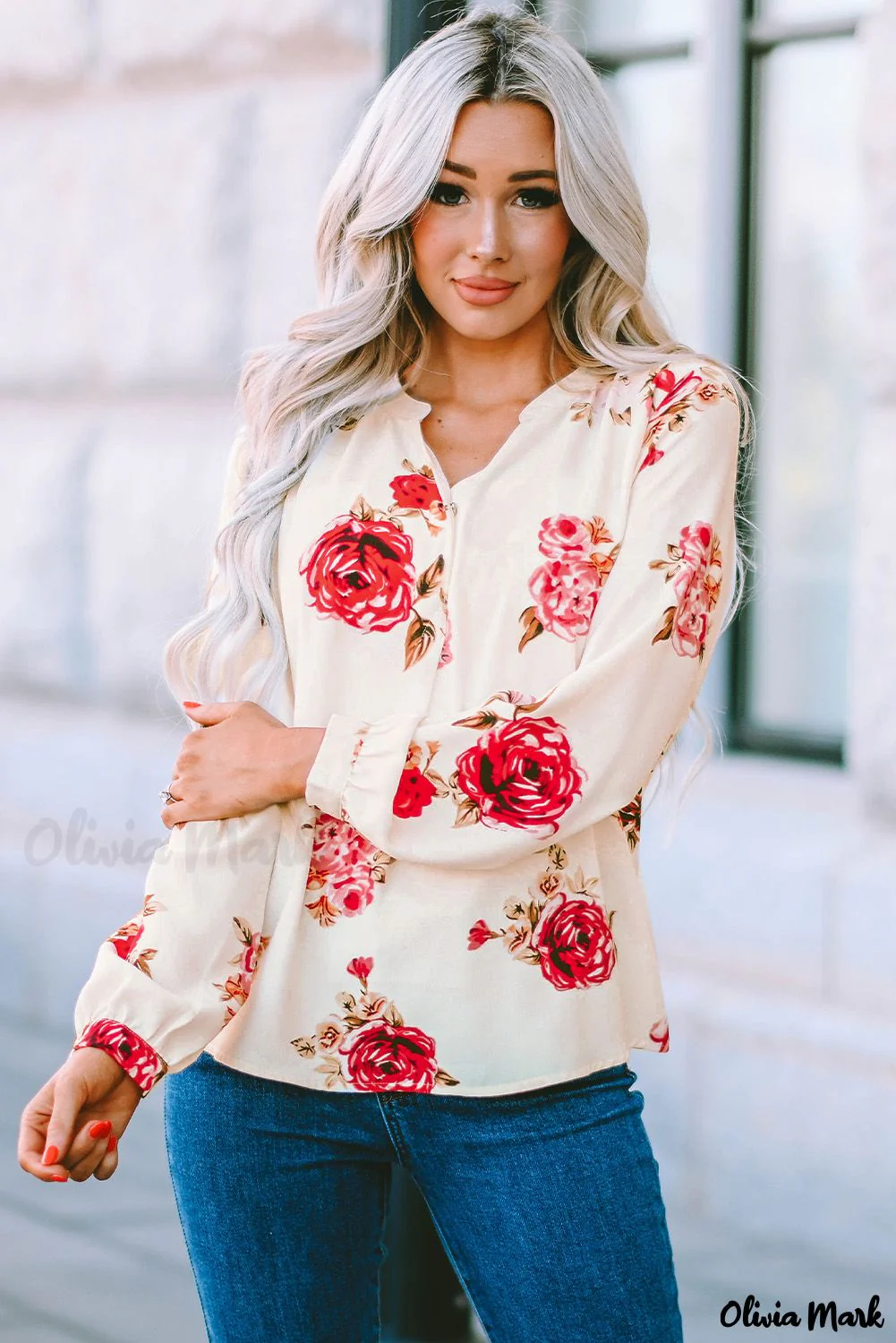 Deanwangkt - Beige Floral Print V-Neck Button Down Blouse - Deanwangkt