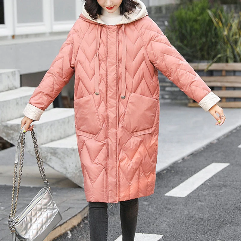 Black Friday Sales Autumn Winter Women Ultra Light Knitted Hooded White Duck Down Long Parka Casual Female Loose Warm Down Coat Outwear - Deanwangkt