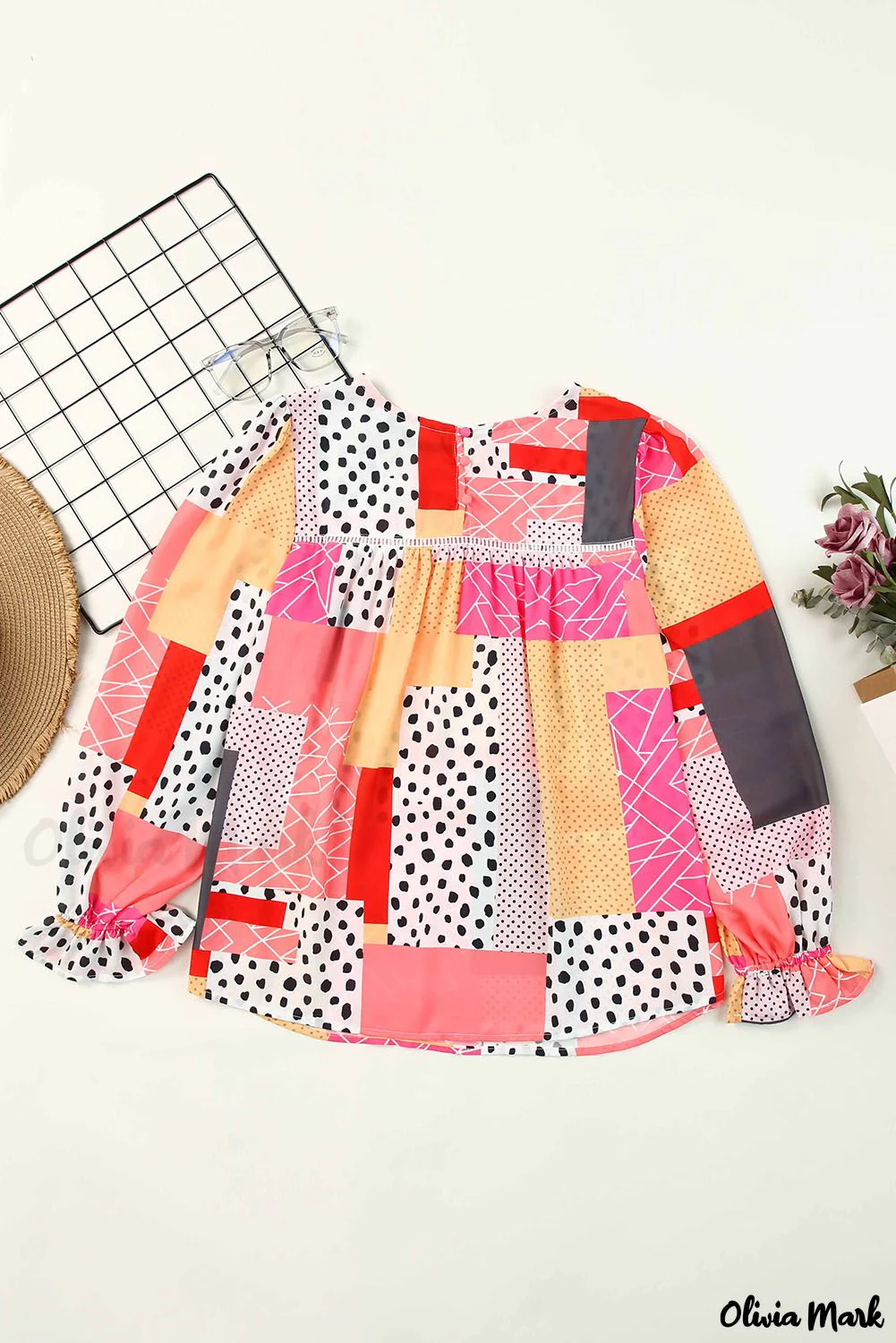 Deanwangkt - Multicolor Polka Dot Geometric Patchwork Long Sleeve Blouse - Deanwangkt