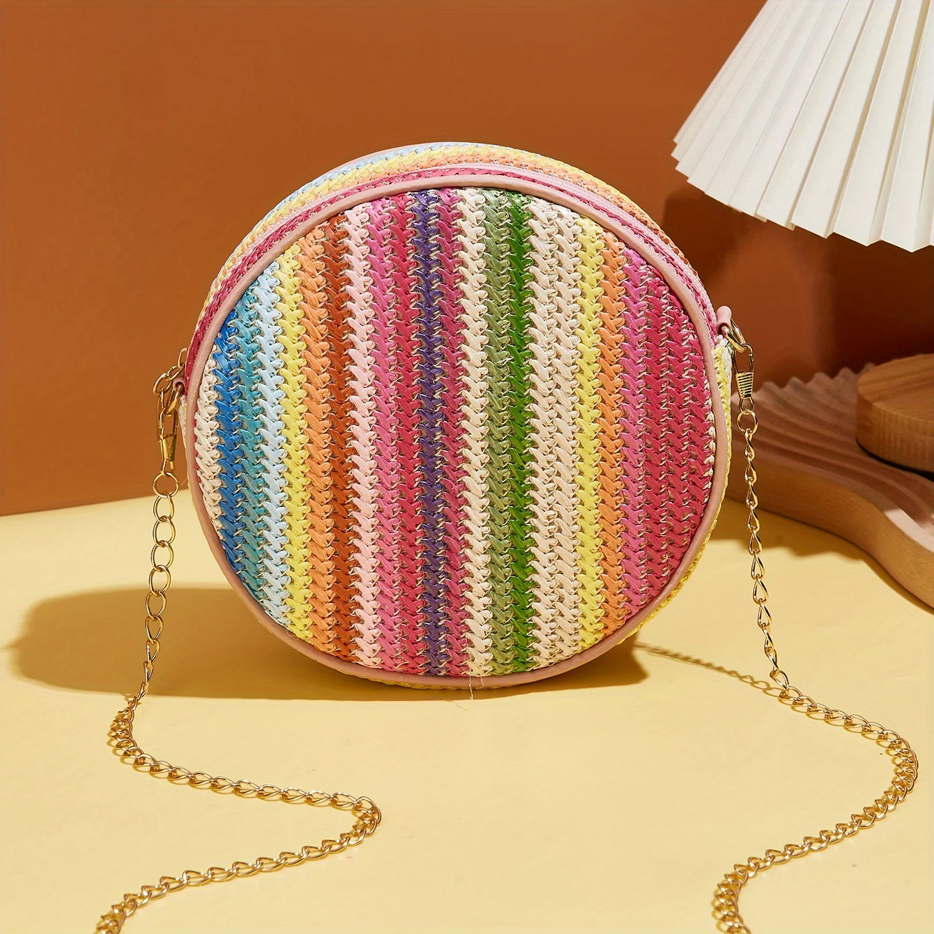 deanwangkt-1  Colorful Straw Woven Round Bag, Fashion Chain Crossbody Bag, Rainbow Design Beach Bag For Women - Deanwangkt