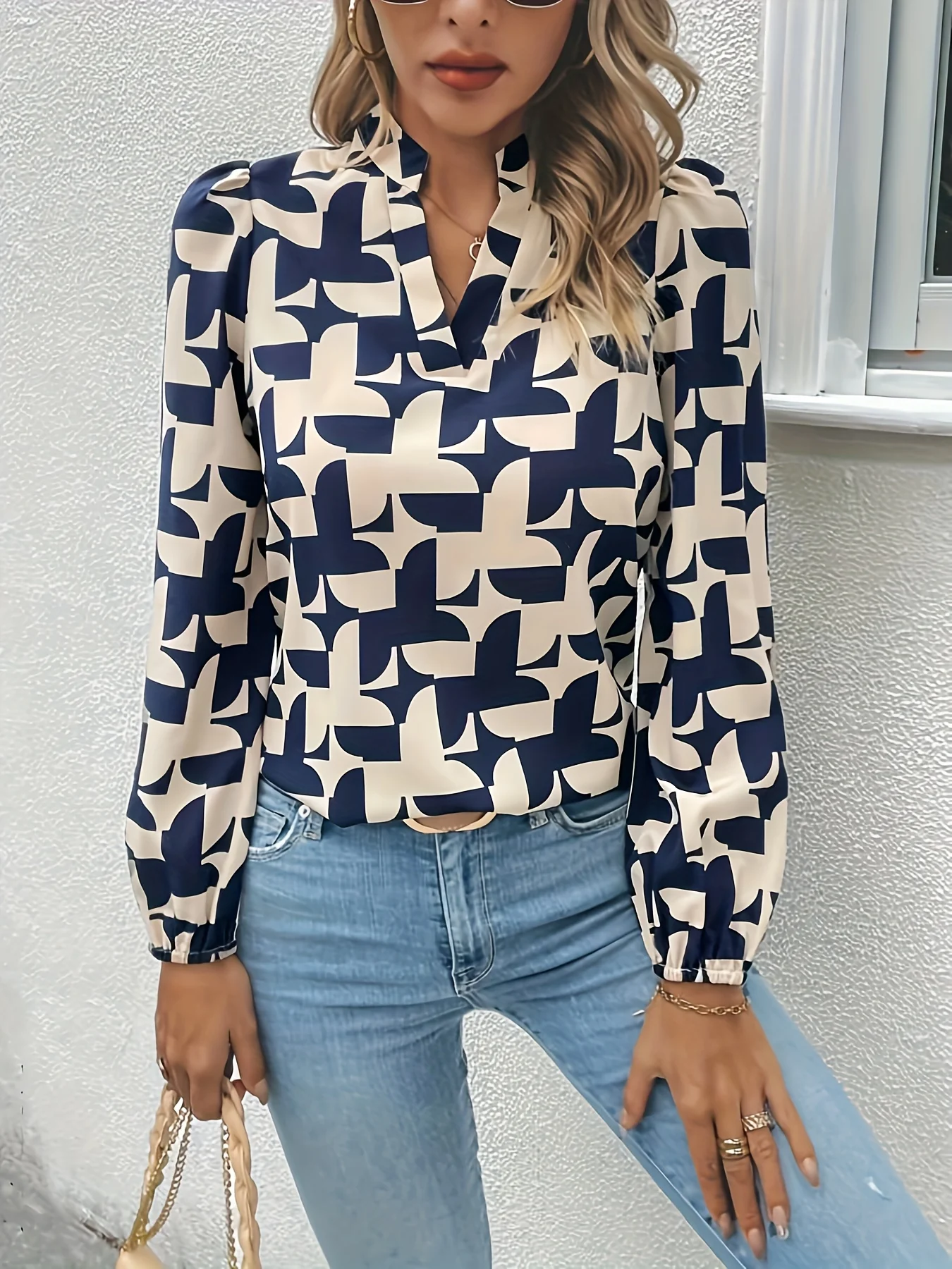 Geo Print Notch Neck Blouse, Casual Lantern Sleeve Blouse For Spring & Fall, Women's Clothing - Deanwangkt