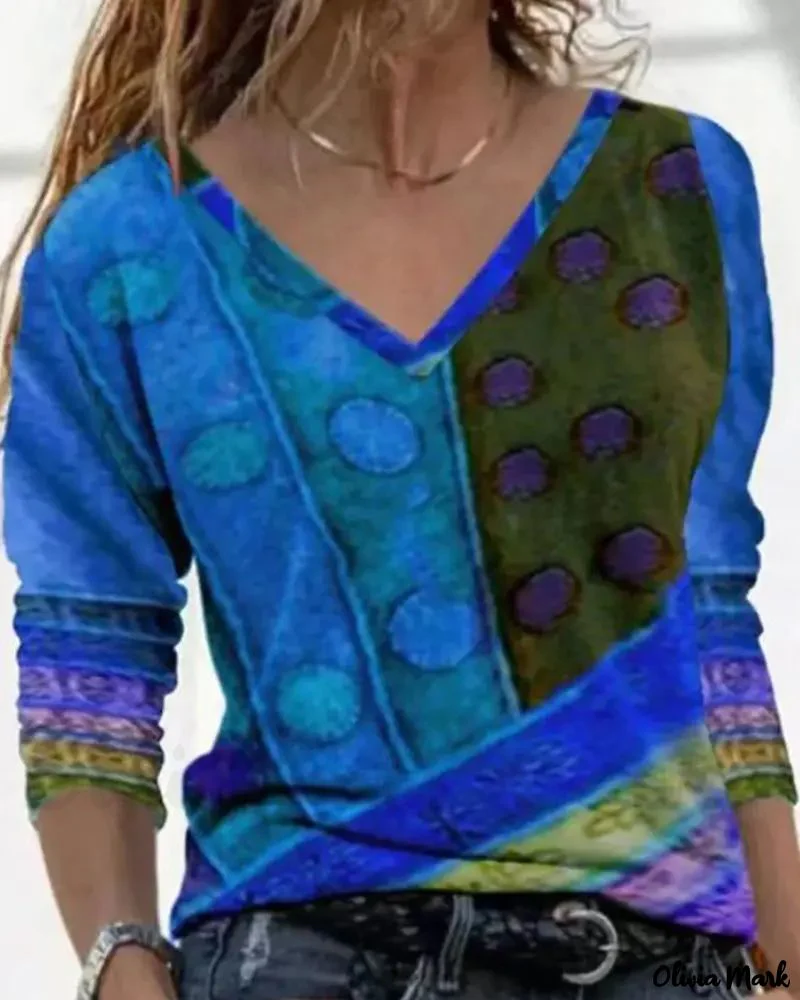 Deanwangkt - Abstract Print V-Neck Long Sleeve Color Block Top - Deanwangkt