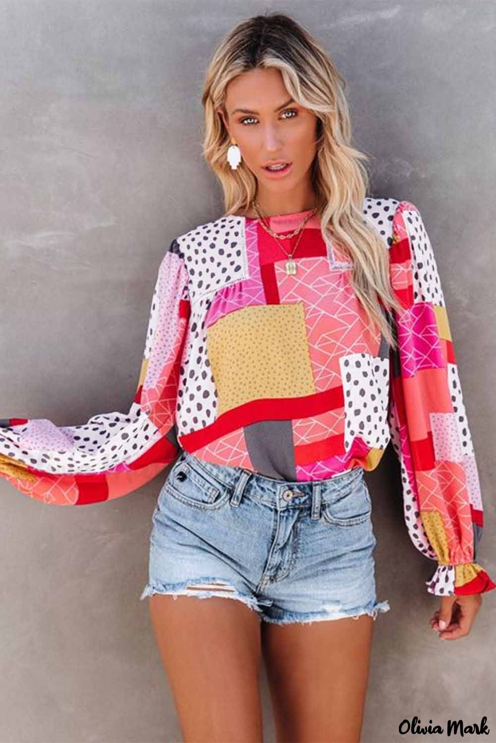 Deanwangkt - Multicolor Polka Dot Geometric Patchwork Long Sleeve Blouse - Deanwangkt