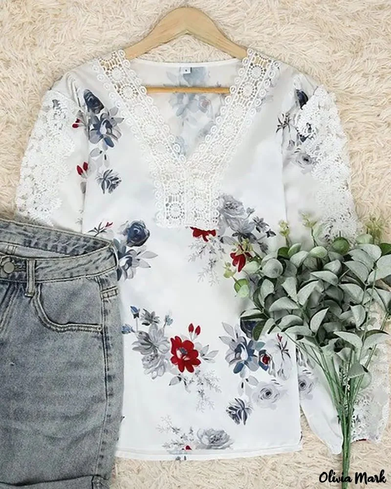 Deanwangkt - Floral Print V-Neck Lace Patch Top - Deanwangkt