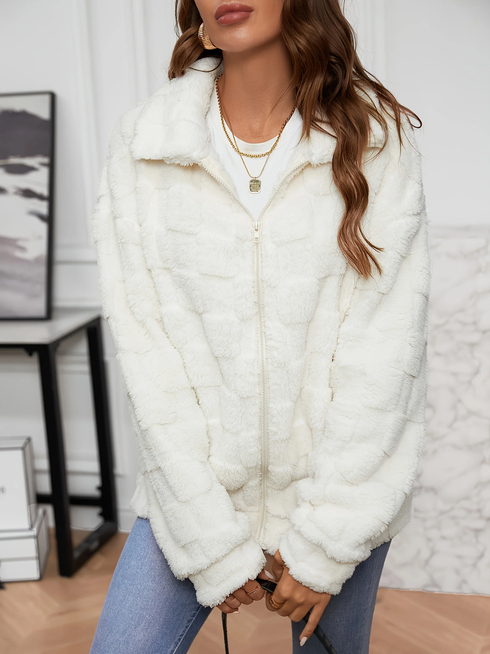 deanwangkt-1  Fuzzy Solid Coat, Casual Zip Up Long Sleeve Winter Warm Outerwear, Women's Clothing - Deanwangkt