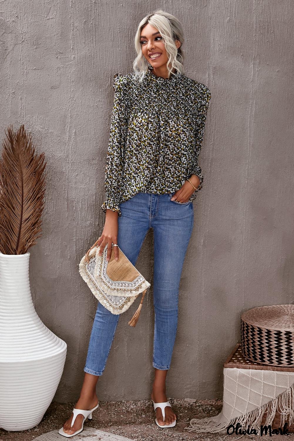 Deanwangkt - Floral Print Ruffle Long Sleeve Blouse - Deanwangkt