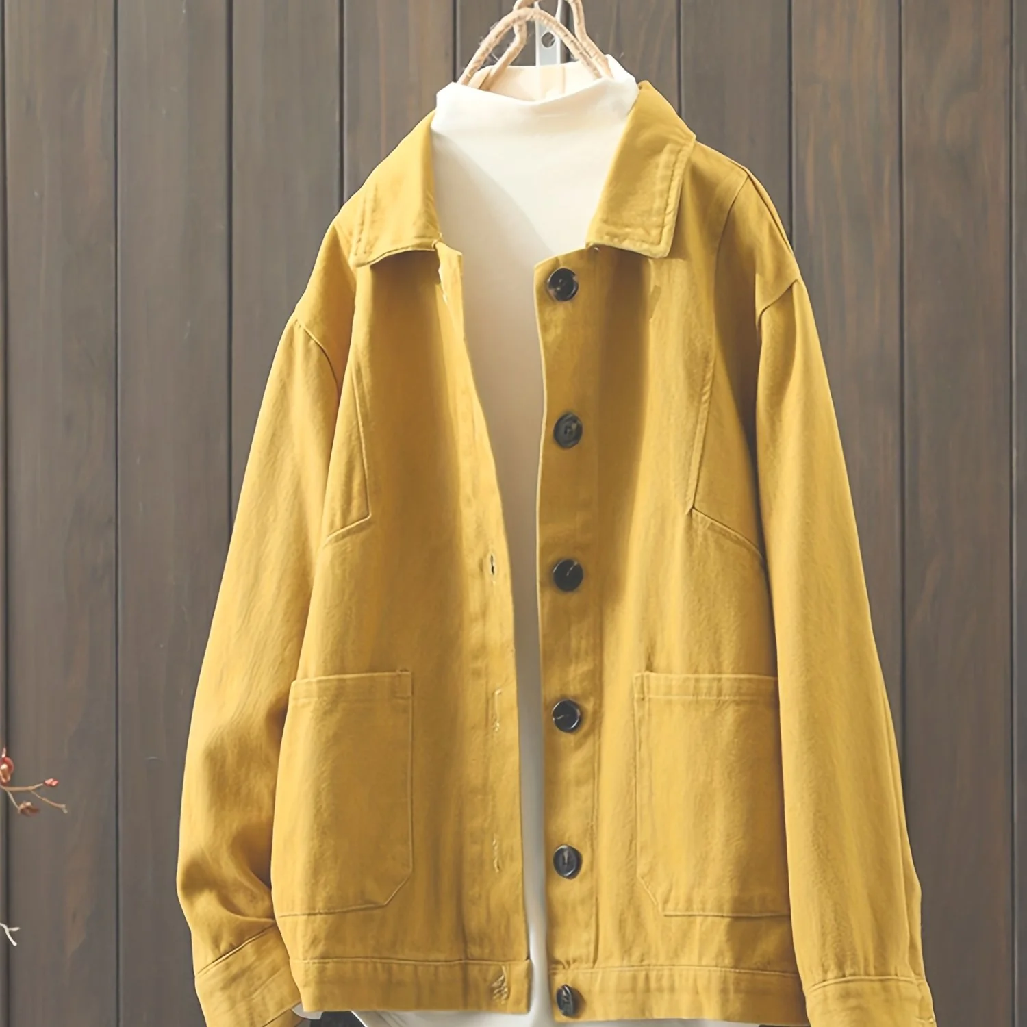 deanwangkt-1  Solid Shacket Jacket, Casual Button Front Turn Down Collar Long Sleeve Outerwear With Pockets, Women's Clothing - Deanwangkt