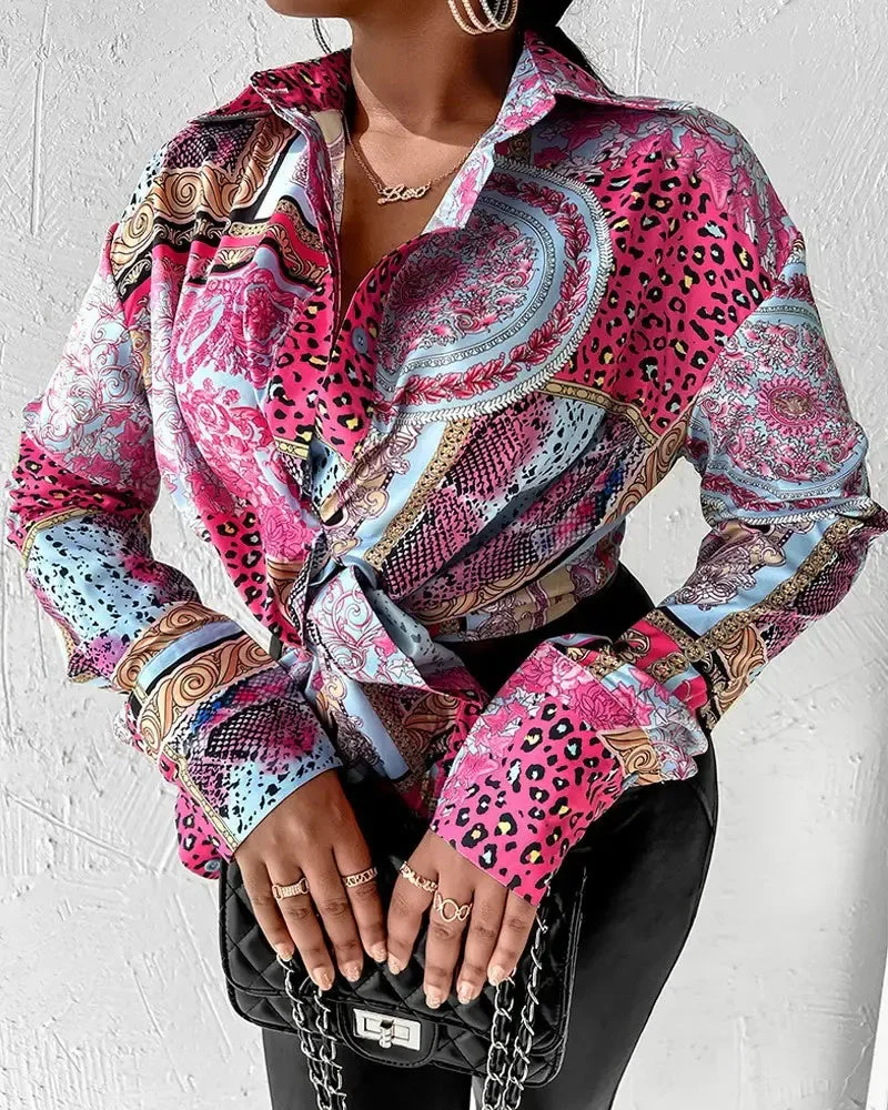 Deanwangkt - Long Sleeve Tie Front Scarf Print Shirt - Deanwangkt