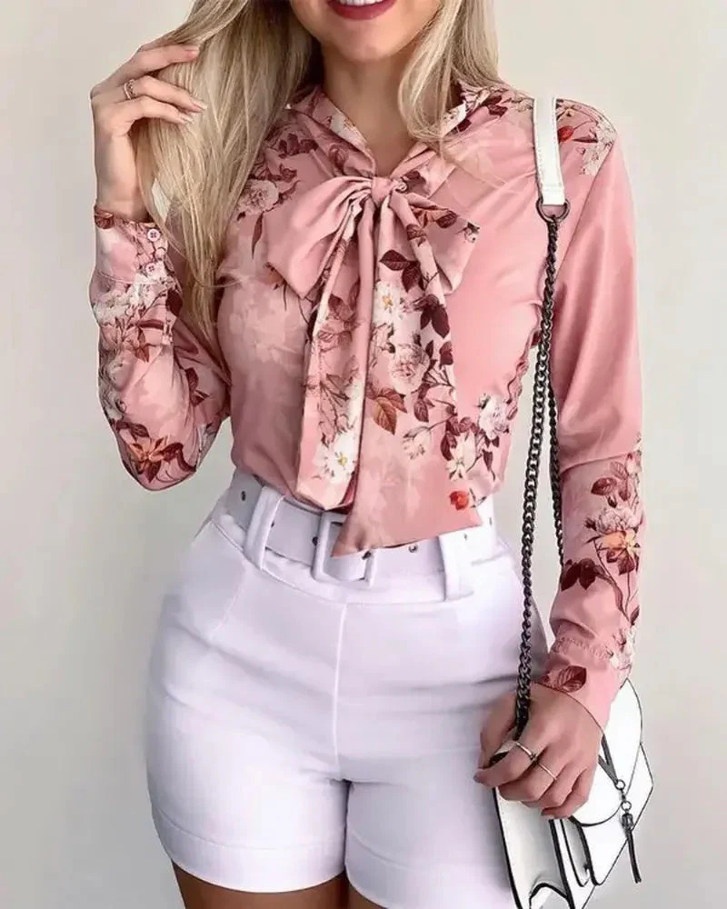 Deanwangkt - Floral Print Tie Neck Long Sleeve Top - Deanwangkt