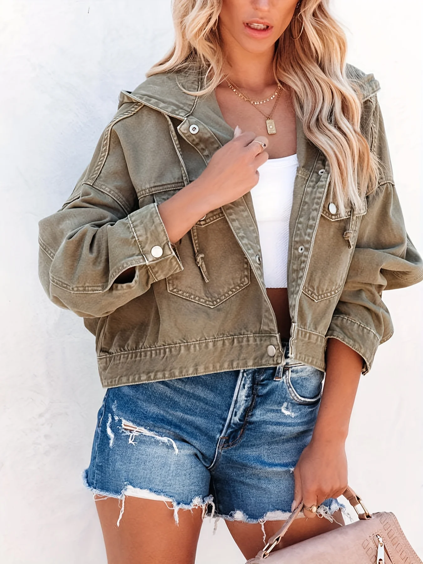 Plain Drawstring Hooded Denim Jackets, Long Sleeves Flap Pockets Cropped Denim Coats, Women's Denim Clothing - Deanwangkt