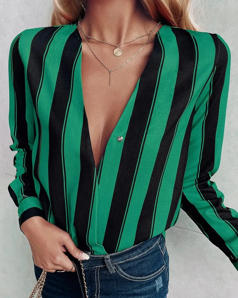 Deanwangkt - Relaxed Deep V Stripe Long Sleeve Blouse - Deanwangkt