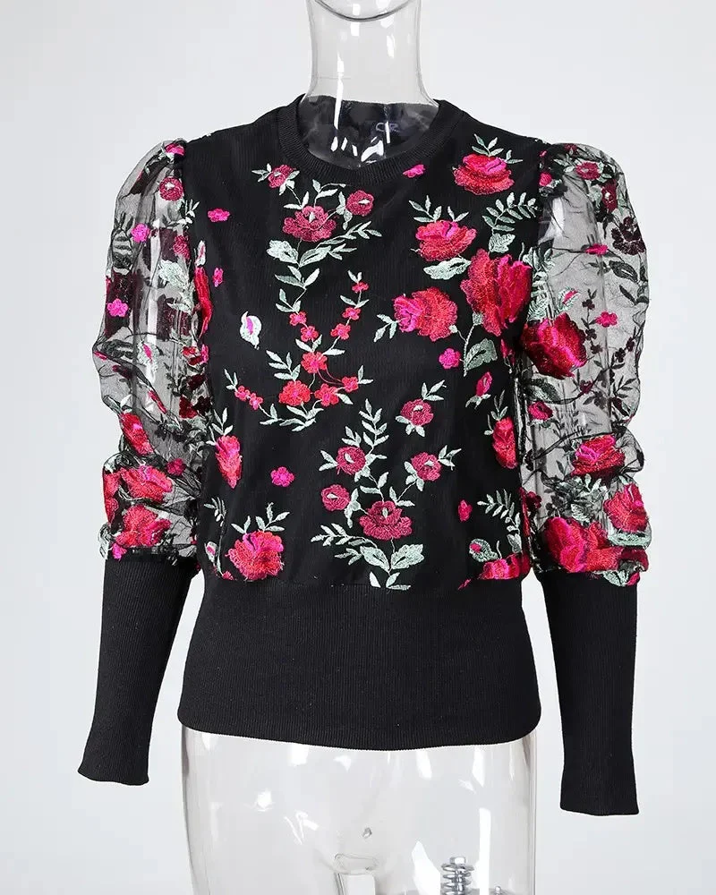 Deanwangkt - Floral Embroidered Sheer Tulle Puff Sleeve Top - Deanwangkt