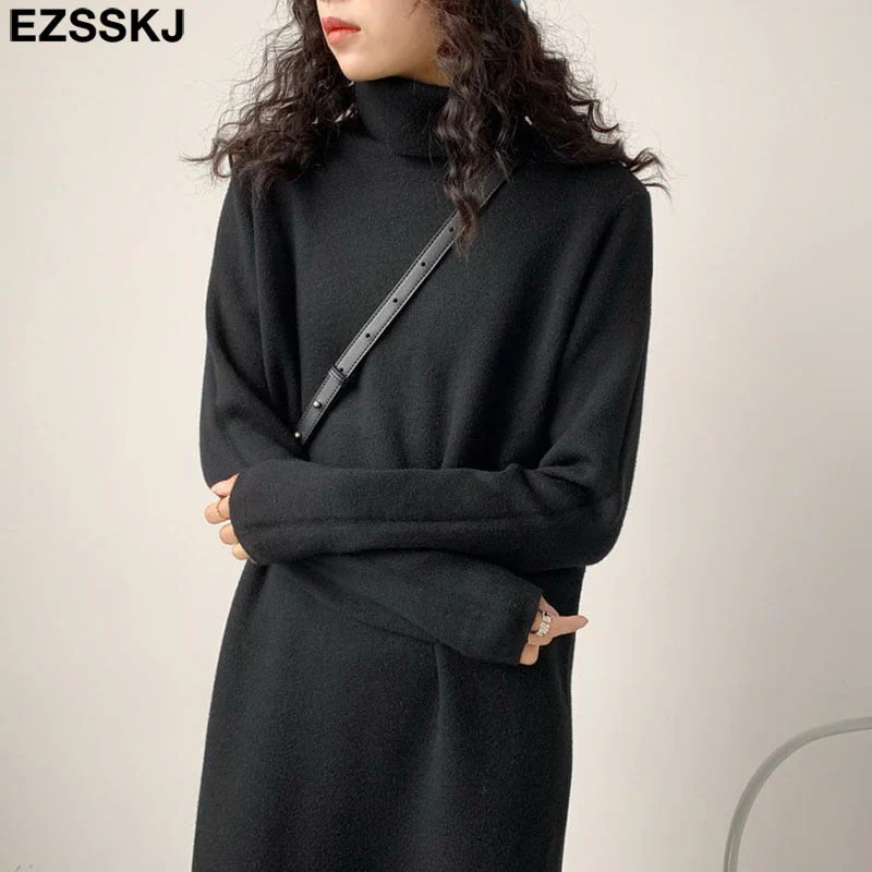 Christmas Gift Deanwangkt Casual autumn winter Pile collar thick maxi weater pullovers dress Women basic loose sweater female turtleneck long dress - Deanwangkt