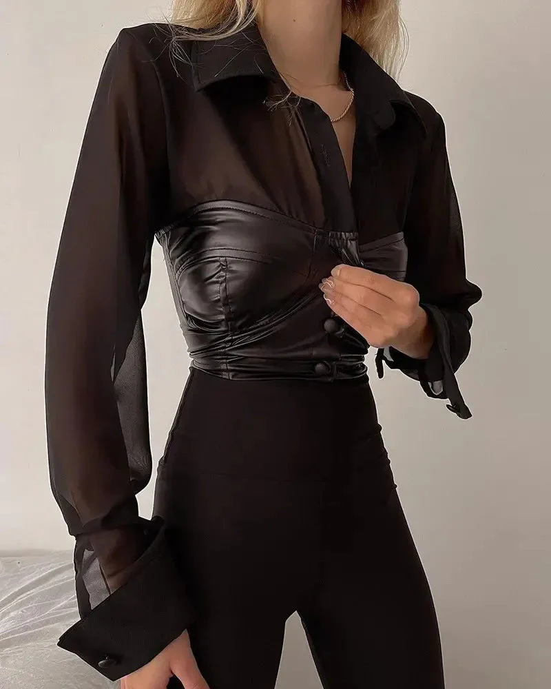 Deanwangkt - Sheer Mesh Long Sleeve Top with PU Leather Patch - Deanwangkt