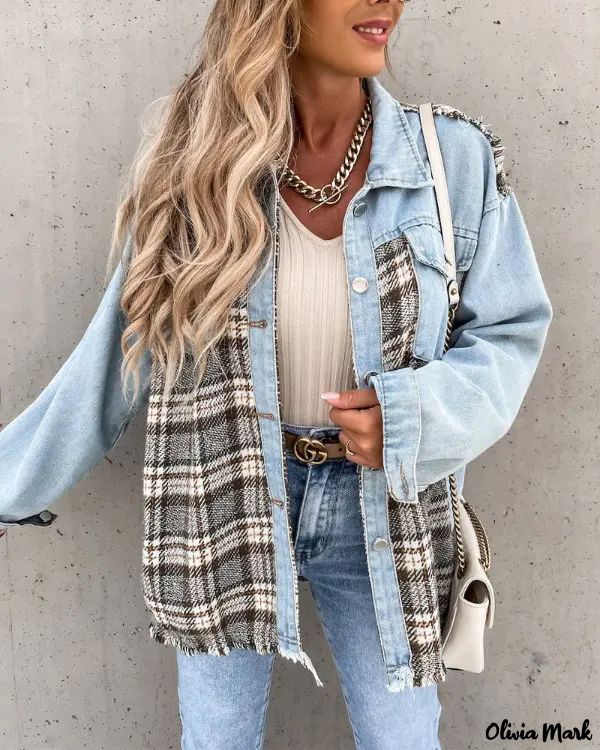 Deanwangkt - Raw Hem Denim Coat with Plaid Panel and Button Front - Deanwangkt