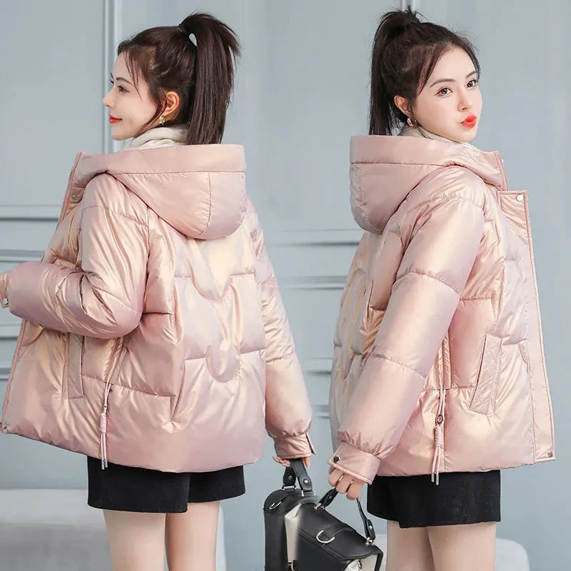 Christmas Gift Deanwangkt New Women's Coats Winter Jacket Fashion Glossy Hooded Jackets Parkas Thick Warm Female Cotton Padded Parka Coat Outwear - Deanwangkt
