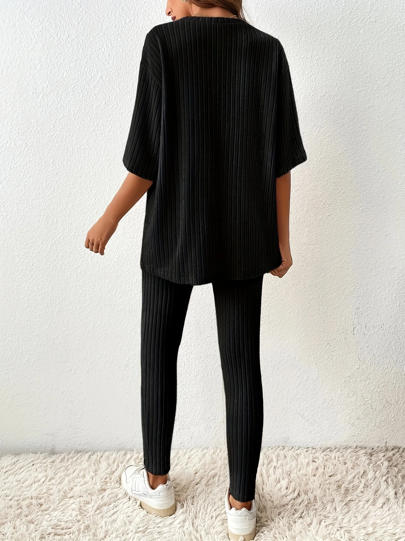 deanwangkt-1 Casual Ribbed Two-piece Set, Half Sleeve Crew Neck Top & Slim Pants Outfits, Women's Clothing - Deanwangkt