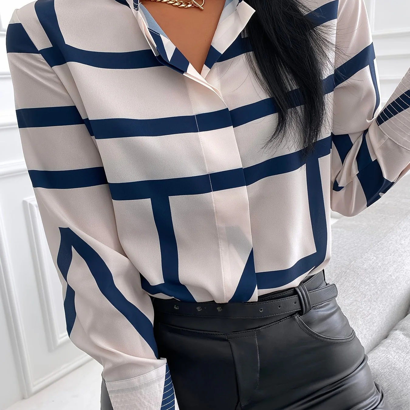 Women's Blouse Allover Striped Print Long Sleeve Botton Blouse - Deanwangkt