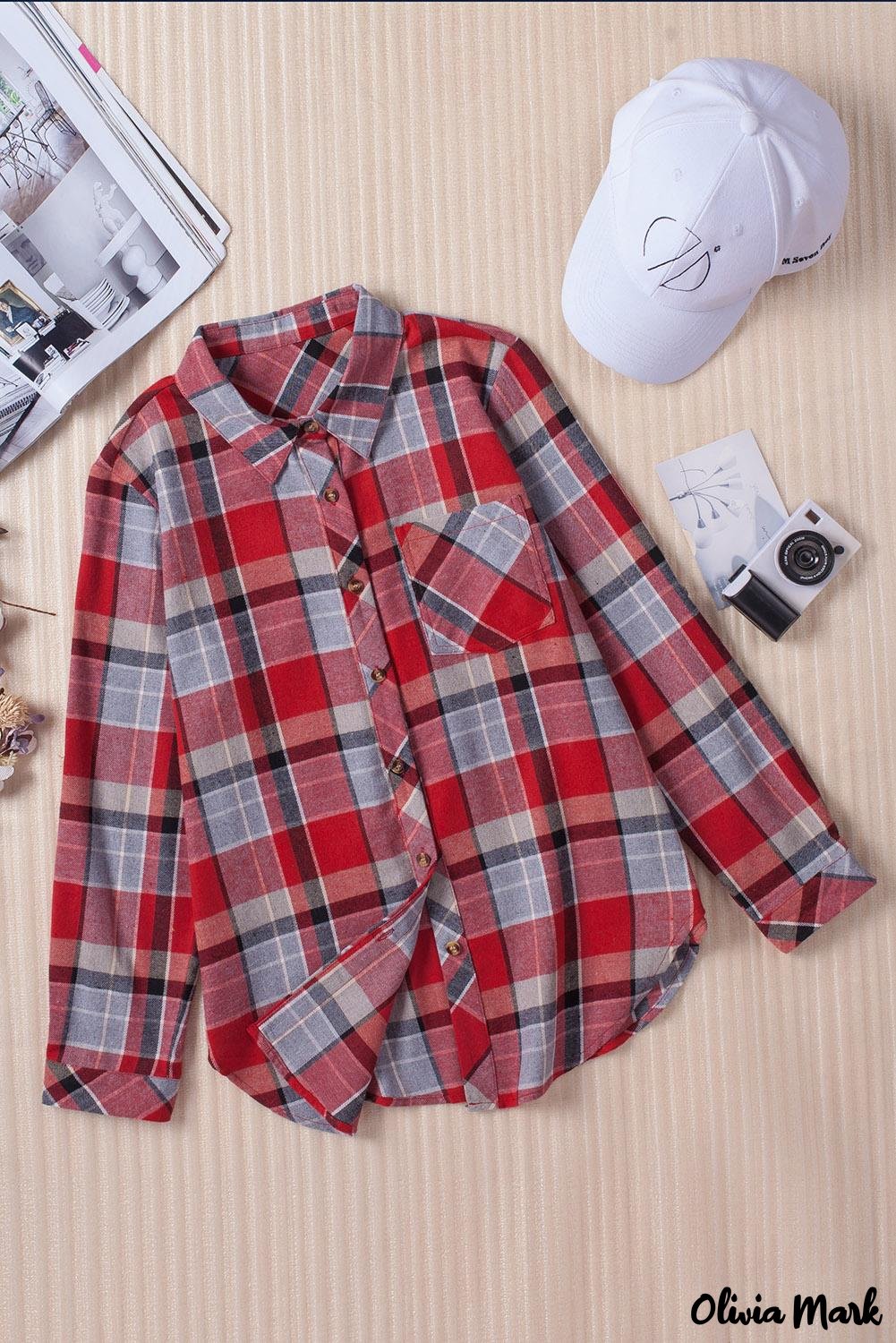 Deanwangkt - Red checkered button down blouse with pocket - Deanwangkt