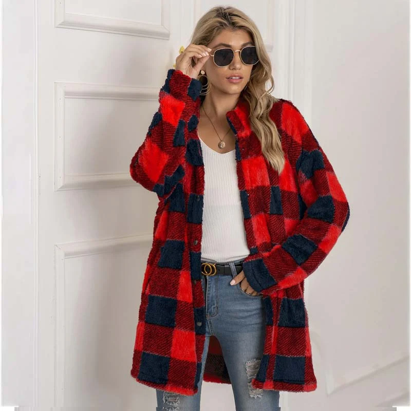 Christmas Gift Autumn Long Faux Fur Coat Women Plaid Jacket Winter Coat Women Long Sleeve Fluffy Teddy Jacket Ladies Warm Plush Jacket Female - Deanwangkt