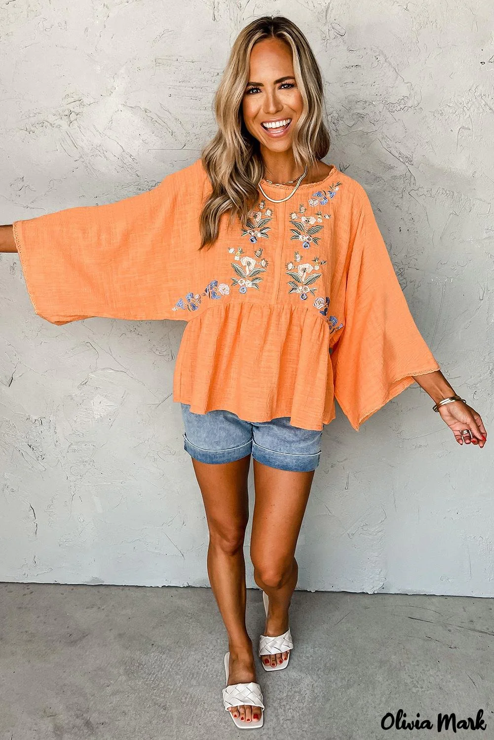 Deanwangkt - Orange Embroidered Kimono Sleeve Top - Deanwangkt