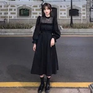 Christmas Gift Deanwangkt Autumn Gothic Black Lace Dress Women Casual Elegant Party Midi Ruffle Long Sleeve Dress Emo Y2k Goth Clothes - Deanwangkt